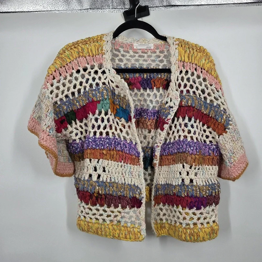 Anthropologie Cardigan Sweater Hand Knit Mia Crochet Multi Striped Crop M/L